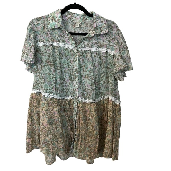 Cato Women’s Short Sleeve Green & Pink Button Up Floral Lace Blouse Sz L GUC - Picture 1 of 8